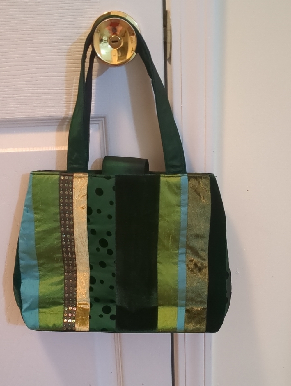 90s Satin & Velvet Green, Blue and Sequin Tote Bag with Gold Accents